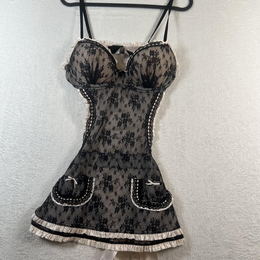 Victoria's Secret Babydoll Maid Gown Womens 36C Black Lace Floral Lingerie